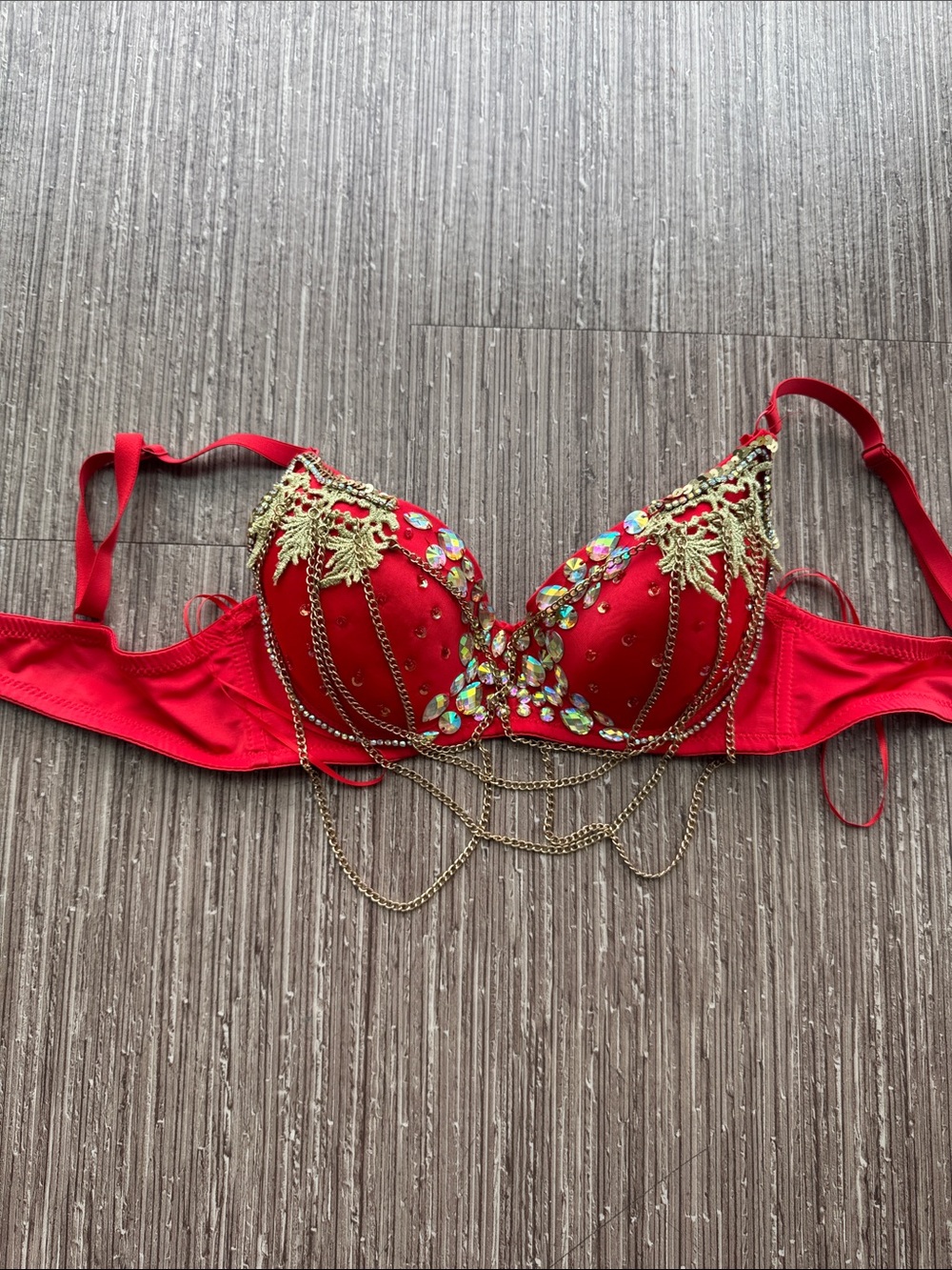 Windsor Red Bra with Gold Chains and Crystal Accents